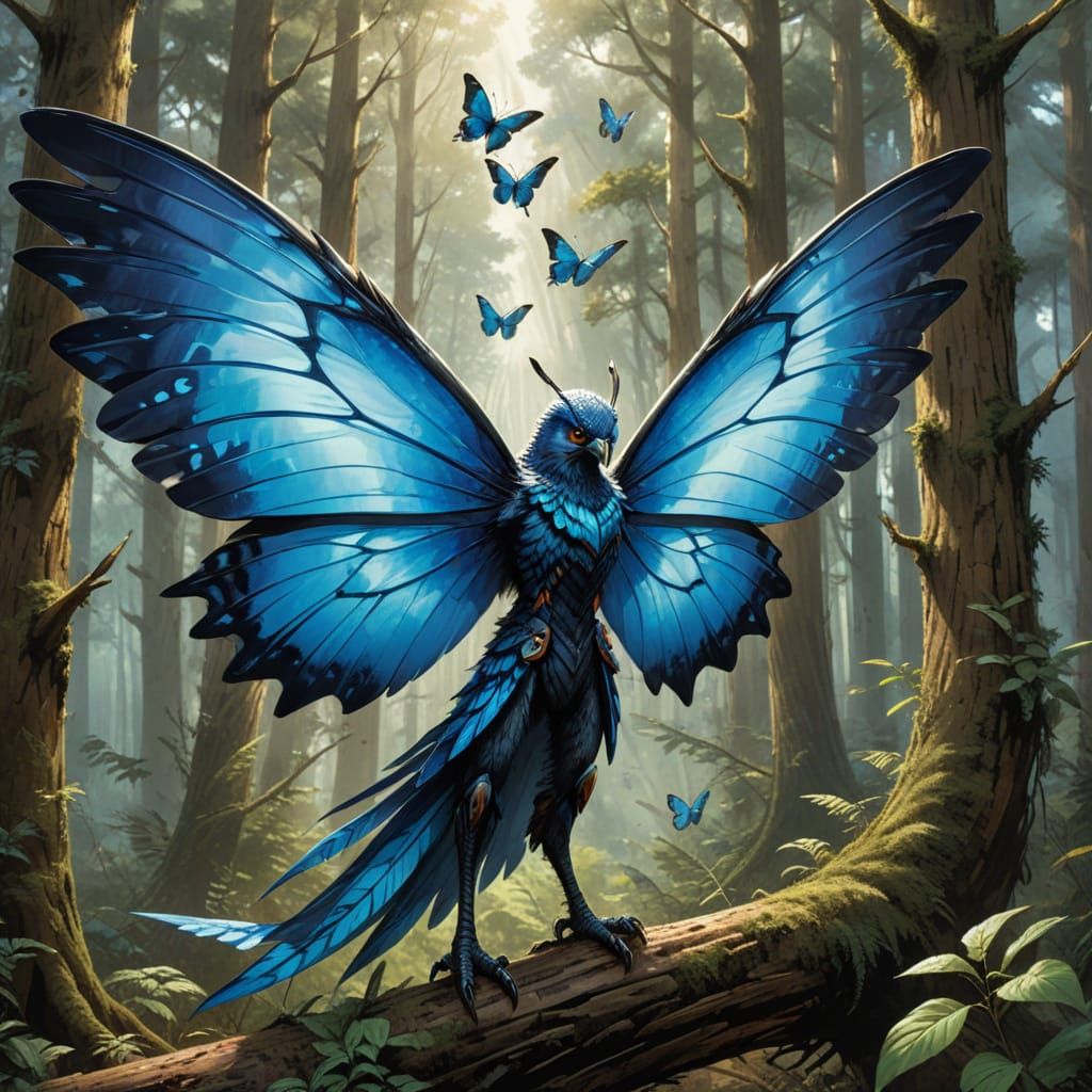 Majestic Blue-Winged Hawk Hunting in Fantasy Forest