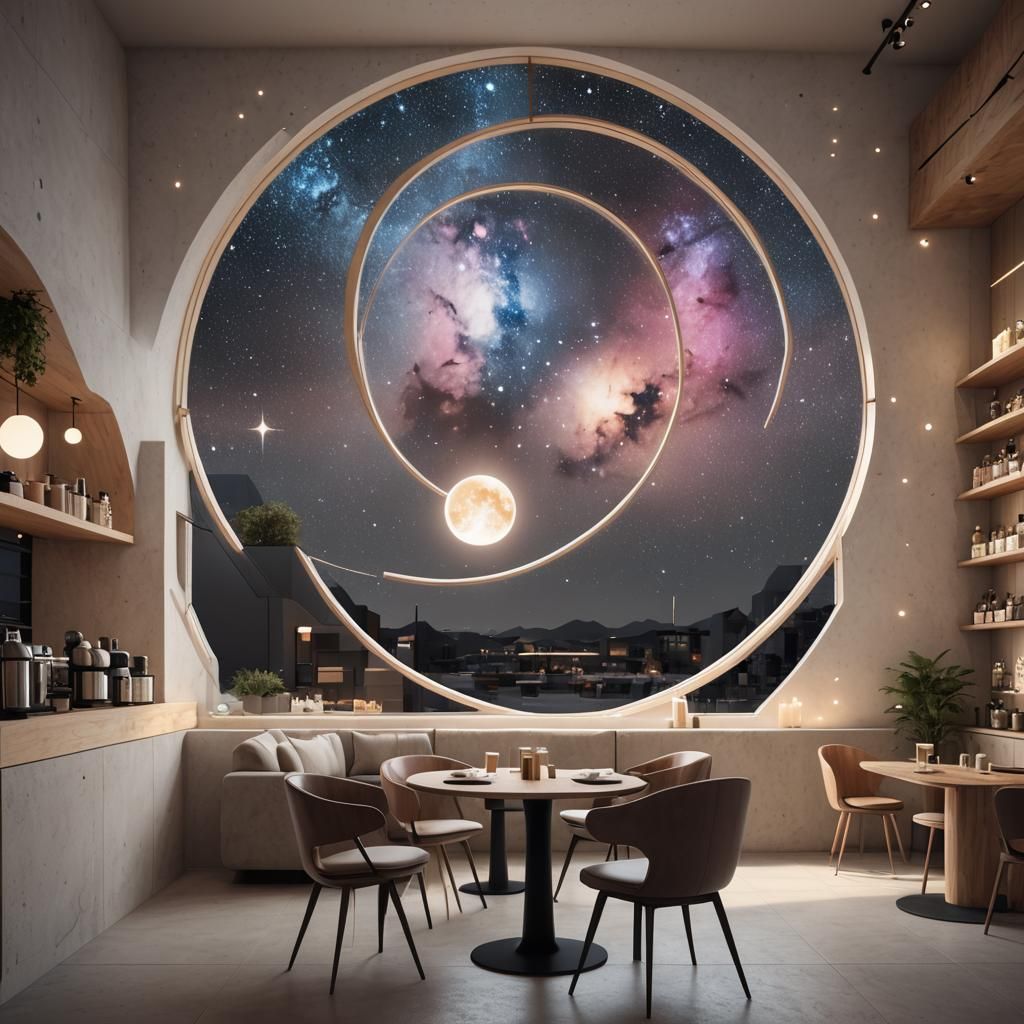 Minimalist Cafe with Nebula View in Space Opera Style