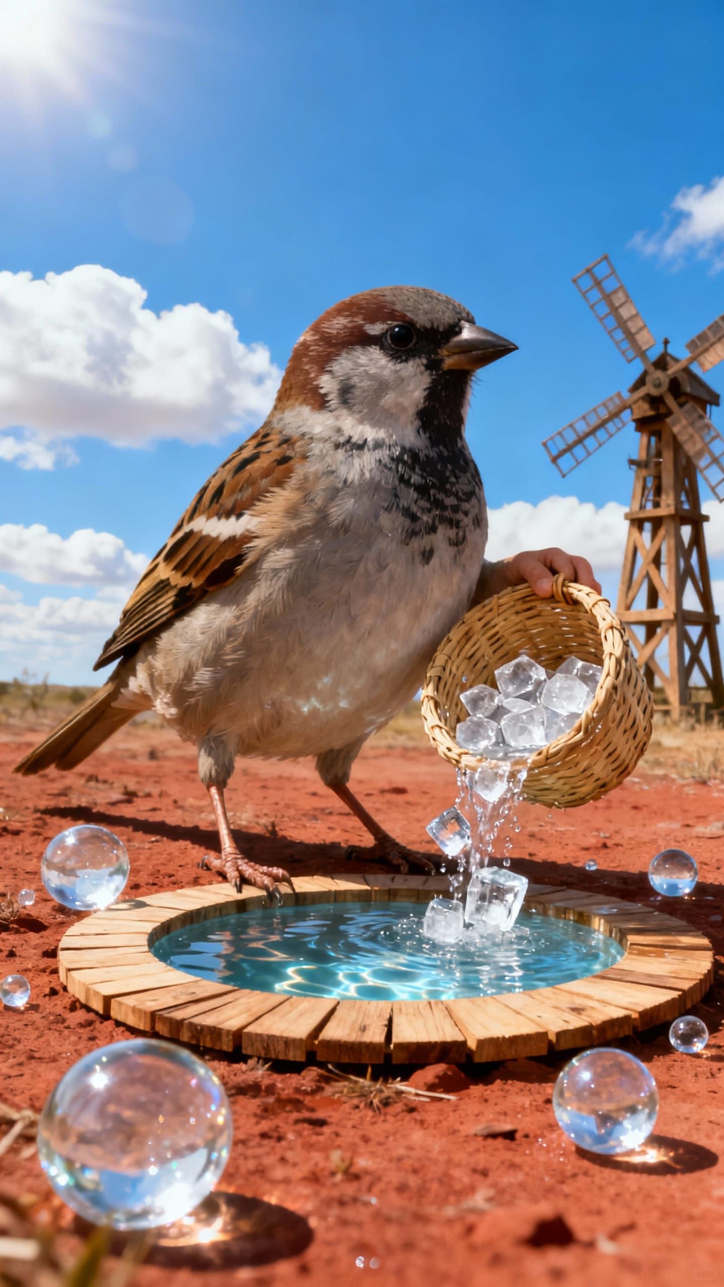 Giant Sparrow Creates Ice Pool in Sunny Countryside
