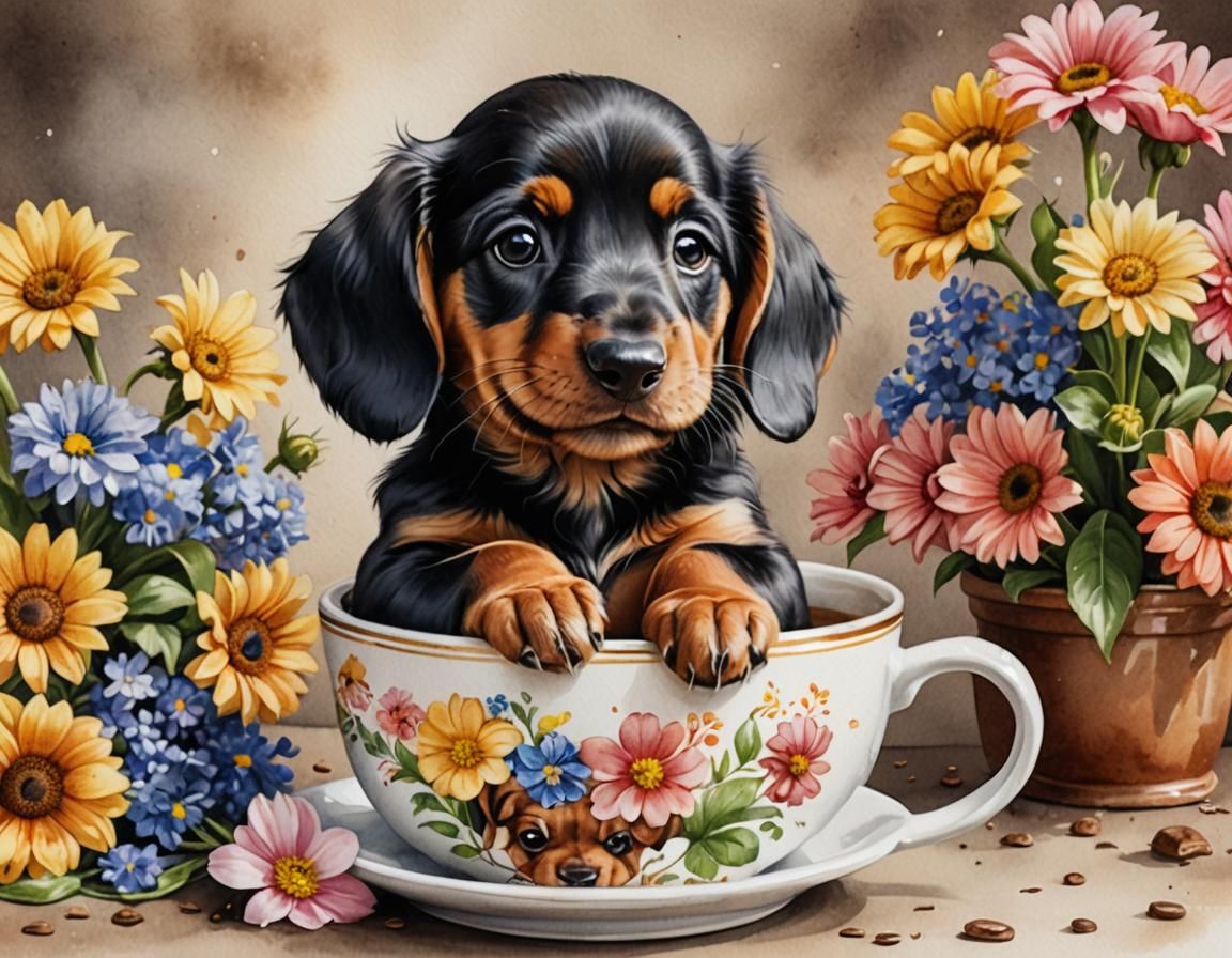 Cheerful Dachshund Puppy in Coffee Cup Watercolor