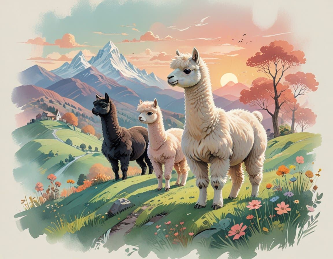 Alpaca in Pastel Sunset: Watercolor and Gouache Fusion