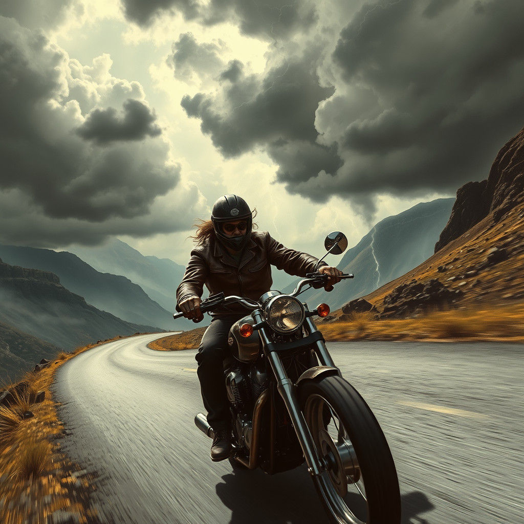 Biker Racing Storm on Mountain Road