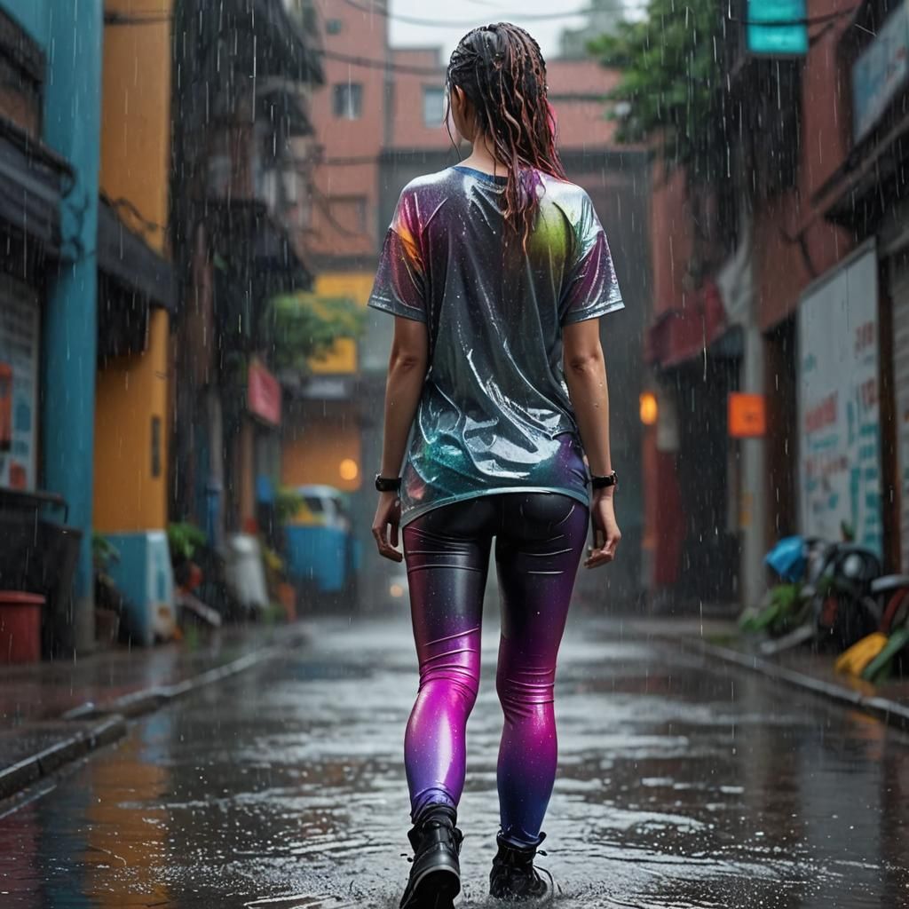 Hyperrealistic Woman in Rain with Wet Clothing