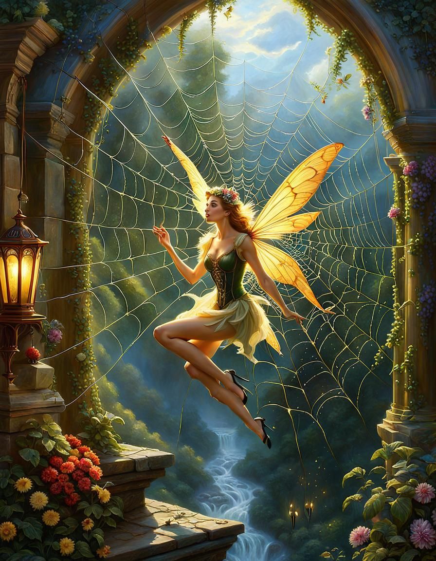 Fairy Entangled in Spiderweb: Ethereal Fantasy Art