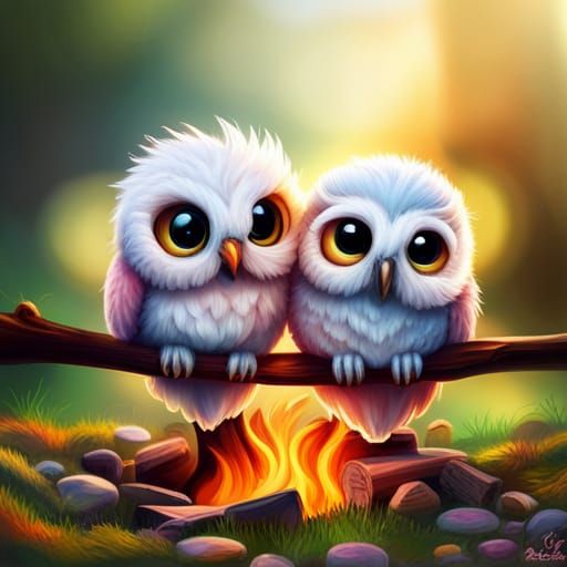 Knitted Yarn Owls Around Campfire: Digital Portrait
