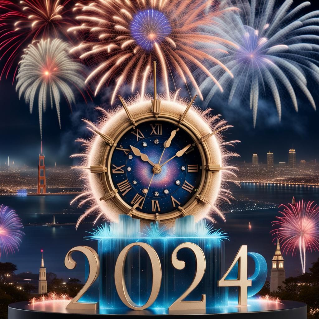 Pareidolia of the "2024" number in the middle of fireworks, miniature midnight clock in front, fabulous design face, San...