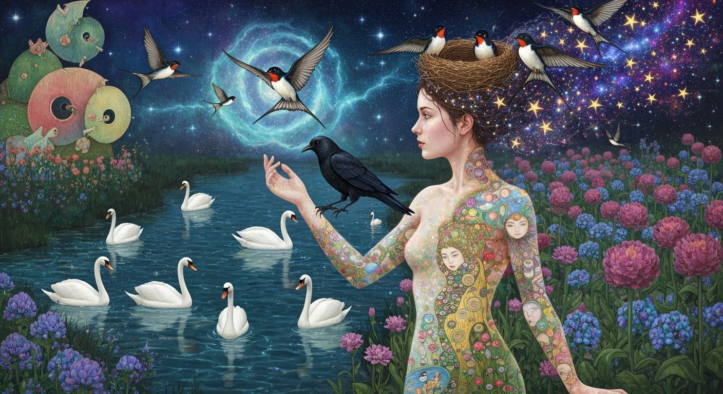 Ethereal Woman Transforms Into Birds Amidst Cosmic Energy