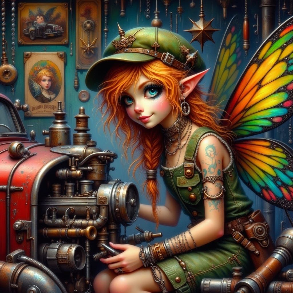 <lora:Fairy Punk:1.0> pixie fixing a hot rod, wearing overalls, in a garage