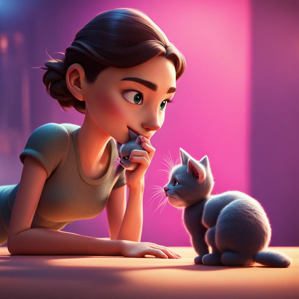 Gal Gadot with a Kitten in Whimsical 3D Concept Art
