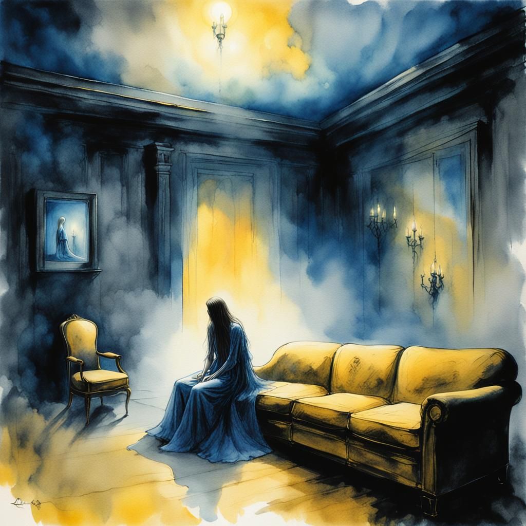 Eerie Moonlit Room in Watercolor Film Noir Style