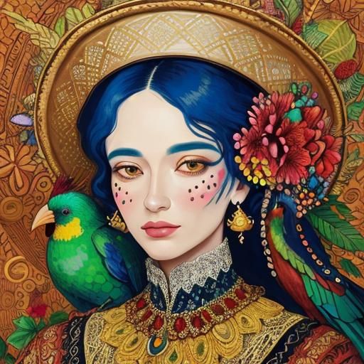 Surreal Isometric Portrait with Exotic Bird Hat