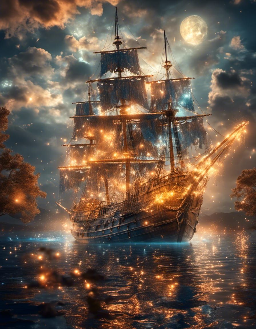Illuminated Ghost Pirate Ship in Ethereal Light