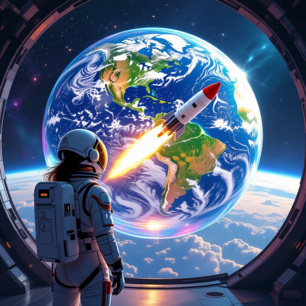 Woman in Bubble Shield Protecting Earth in Space