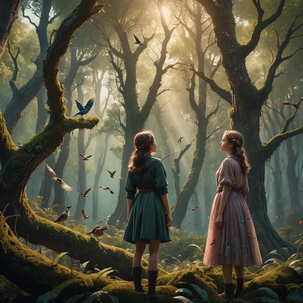 Whimsical Forest Scene with Girls and Birds