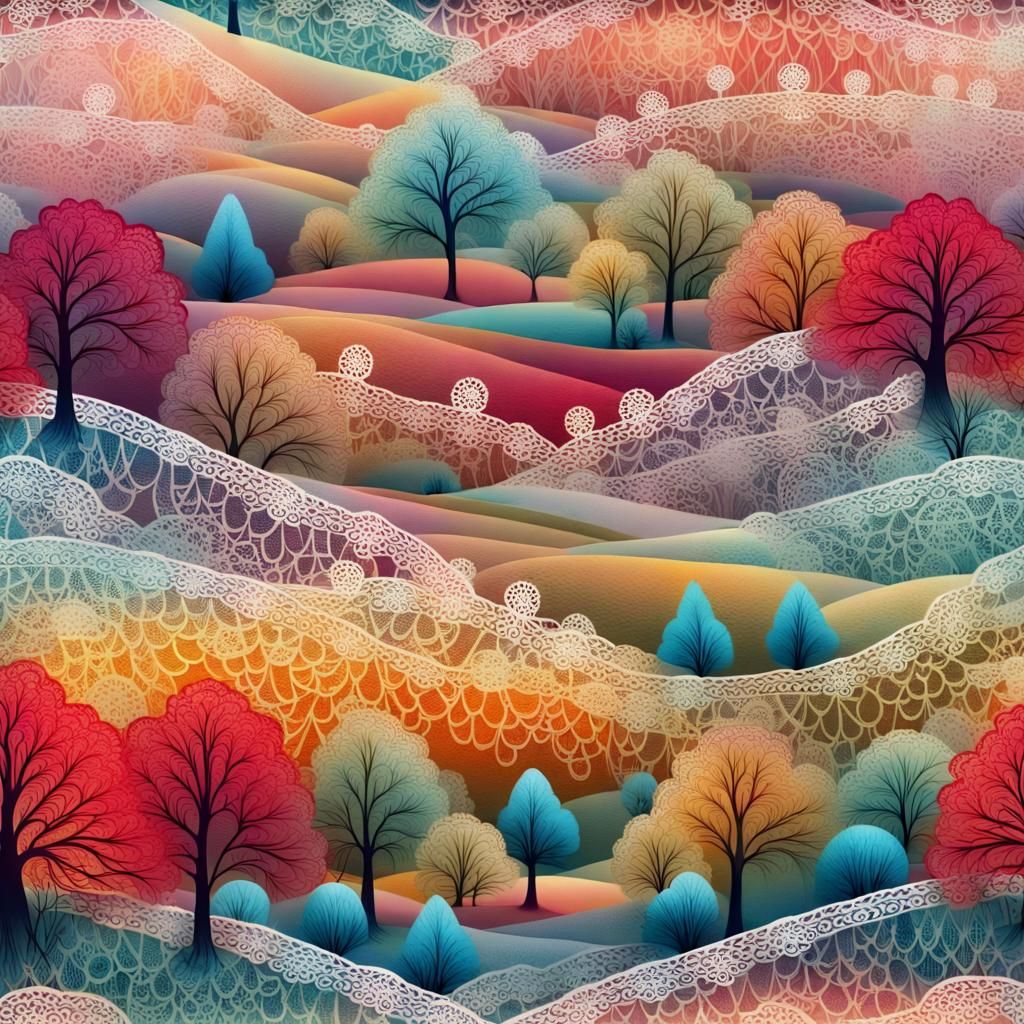 Colorful Lace Filigree Winter Folk Landscape