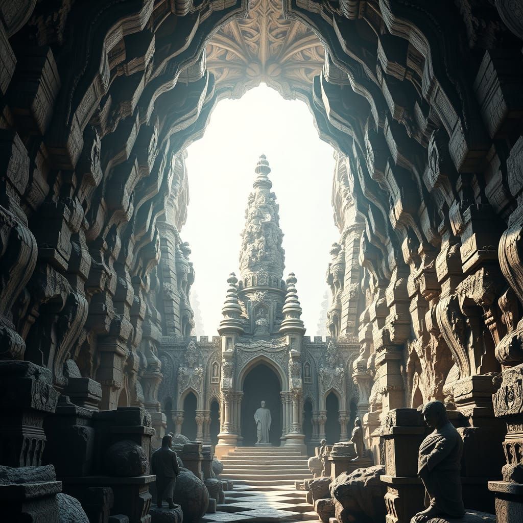 Surreal Geometric Carvings in Hyper-Detailed Stone