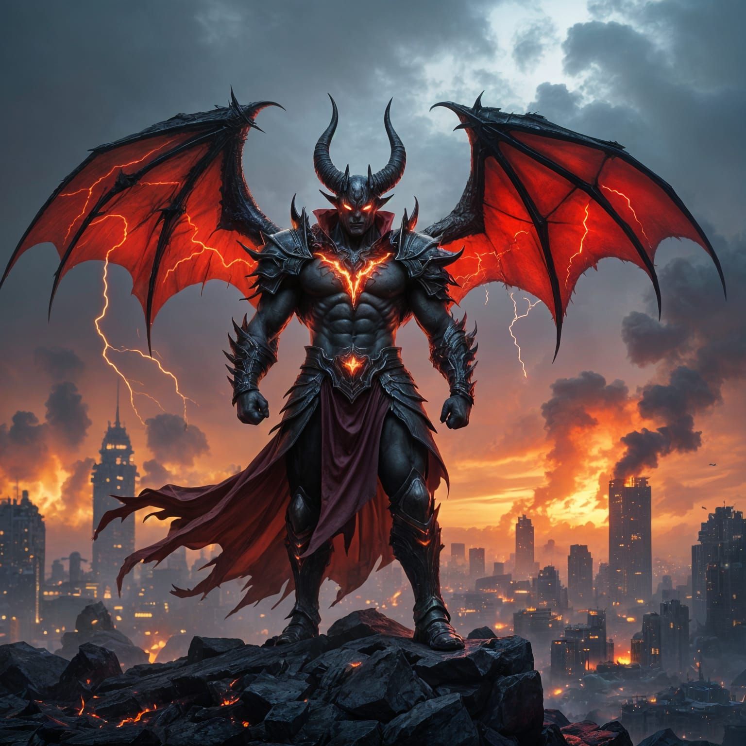 Demon Lord Overlooking Fiery Cyberpunk City in Brom Style