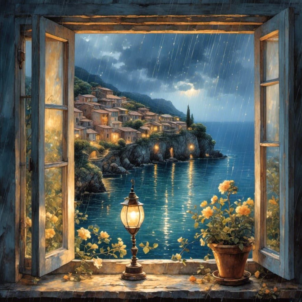 Rainy Evening Seascape View from Window