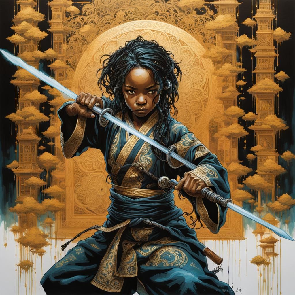 Bioluminescent Ninja Fight: Lace Art Dark Fantasy