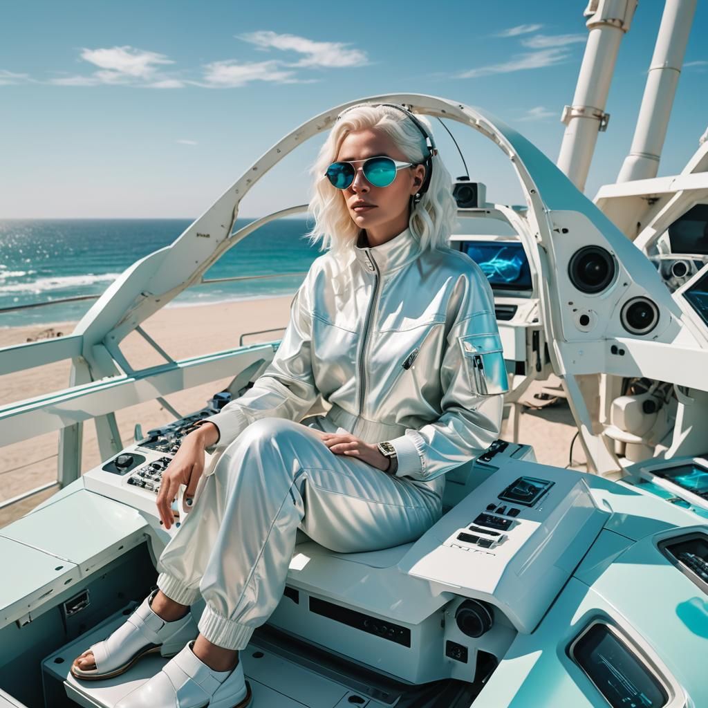 Futuristic DJ on UFO Beach House in Photorealistic Style