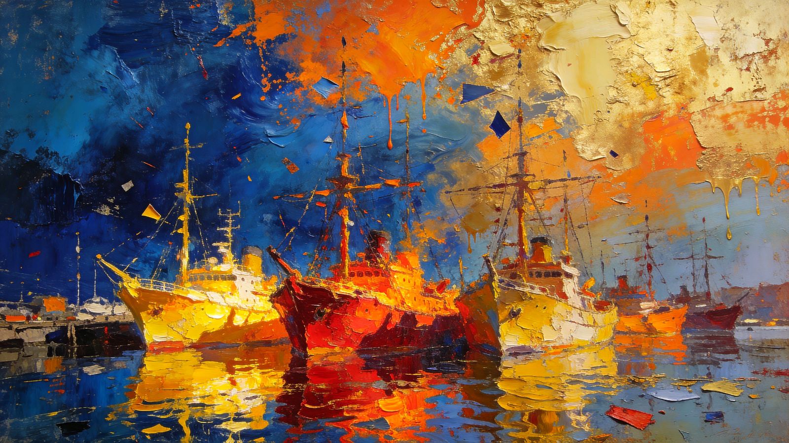 Surreal Harbor Ships in Thick Impasto Oil Painting