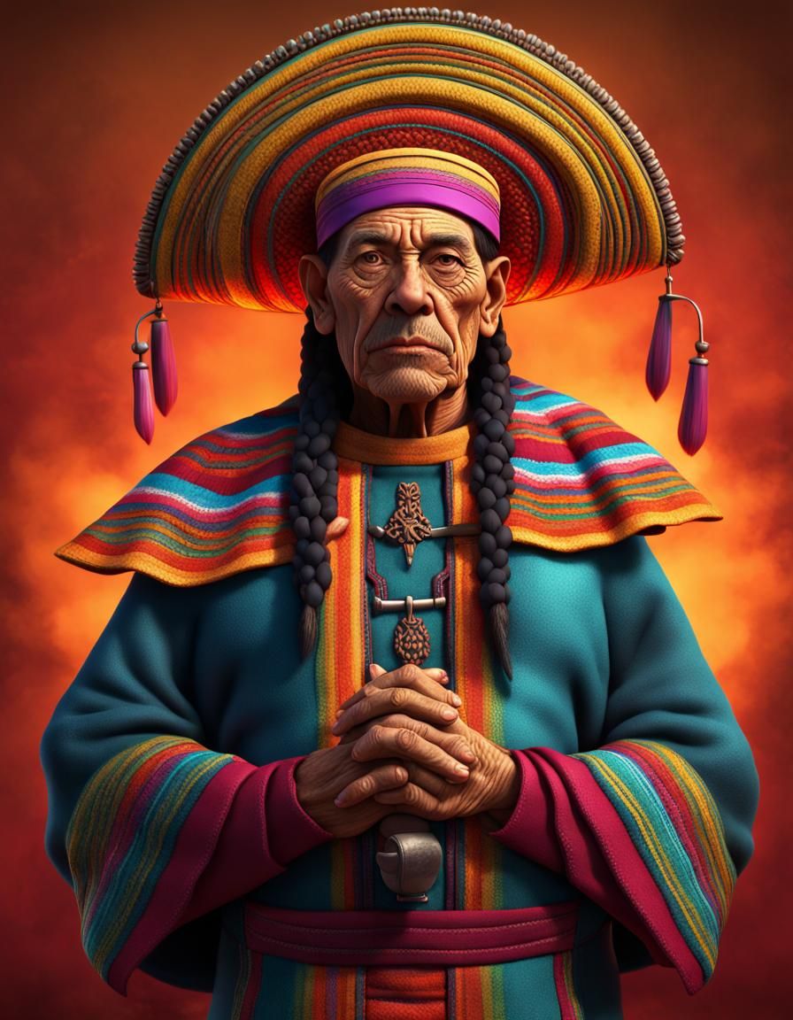 Ancient Oaxaca Priest with Machetes: 3D Digital Art