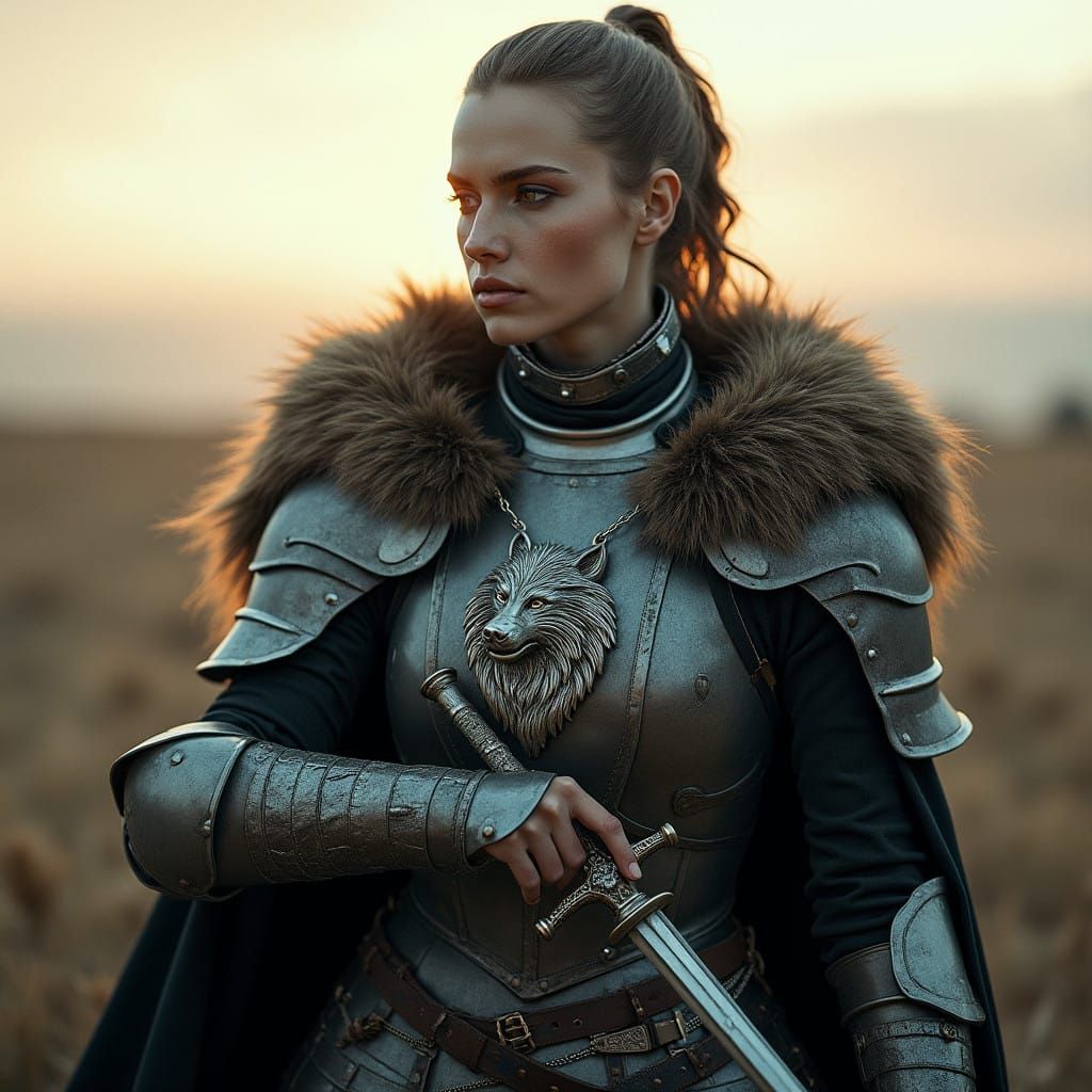 Epic Female Knight in Wolf-Inspired Armor, Ready for Battle