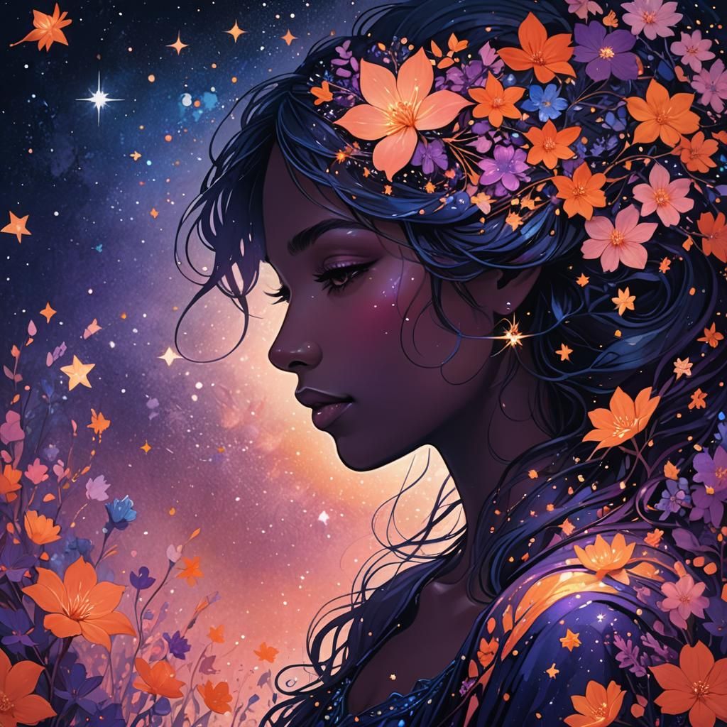 Fantasy Silhouette with Blossoms and Stars