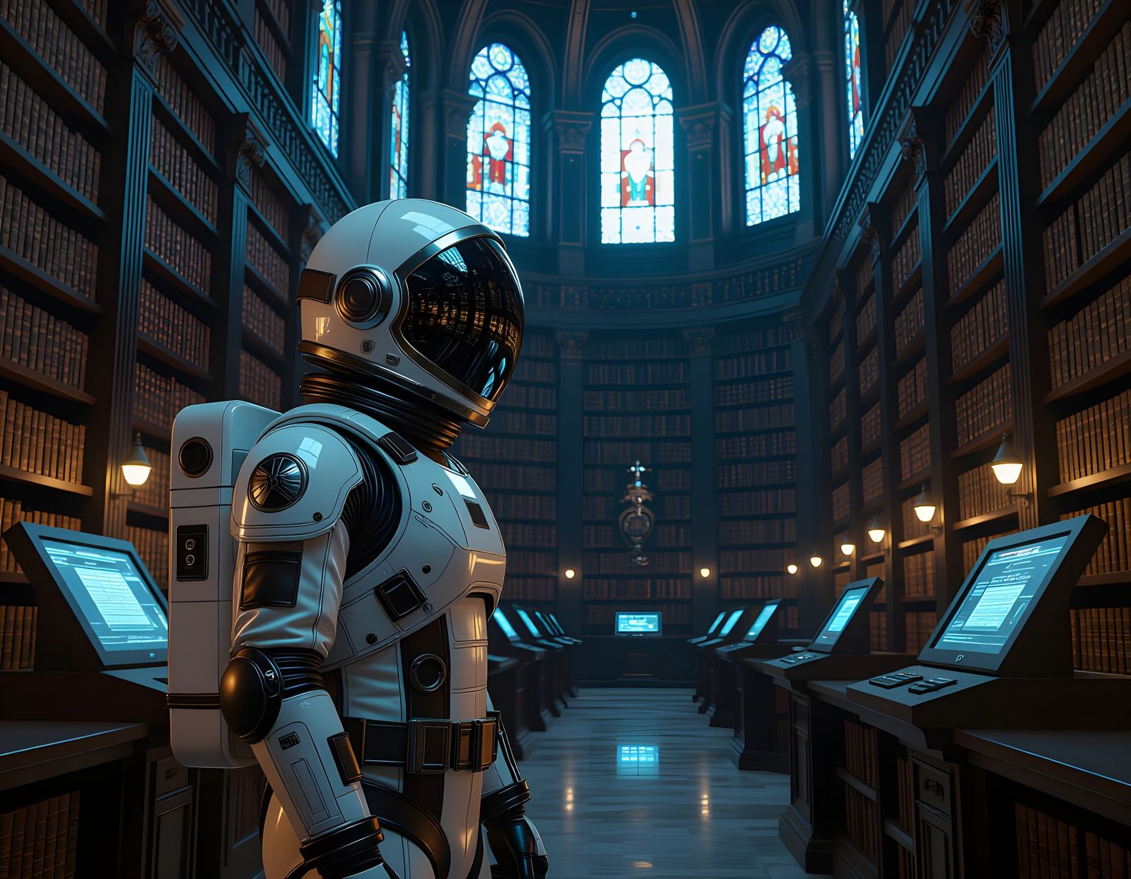 Retro-Futuristic Astronaut in Towering Library