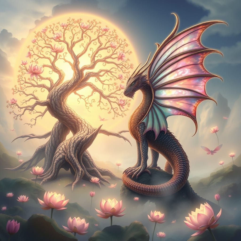 Dragon with Butterfly Wings by the Tree of Life