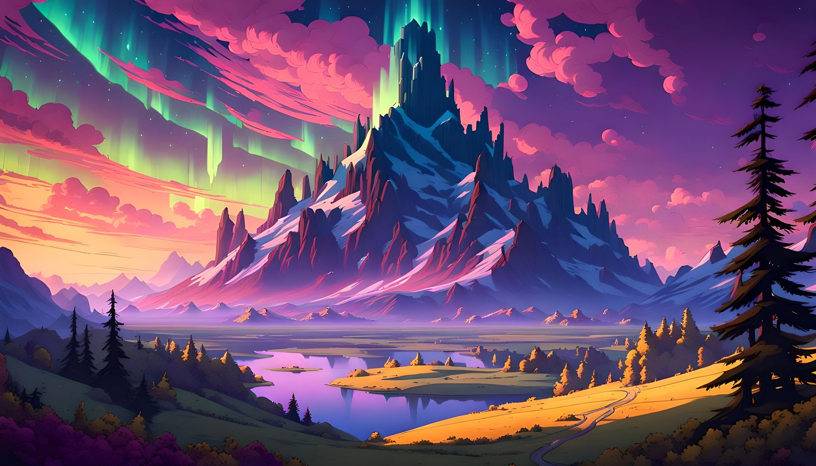 Ghibli Aurora Borealis Landscape in Dark Fantasy Style