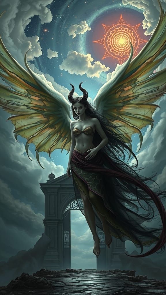 Half Angel Half Demon in Dark Surrealism Style