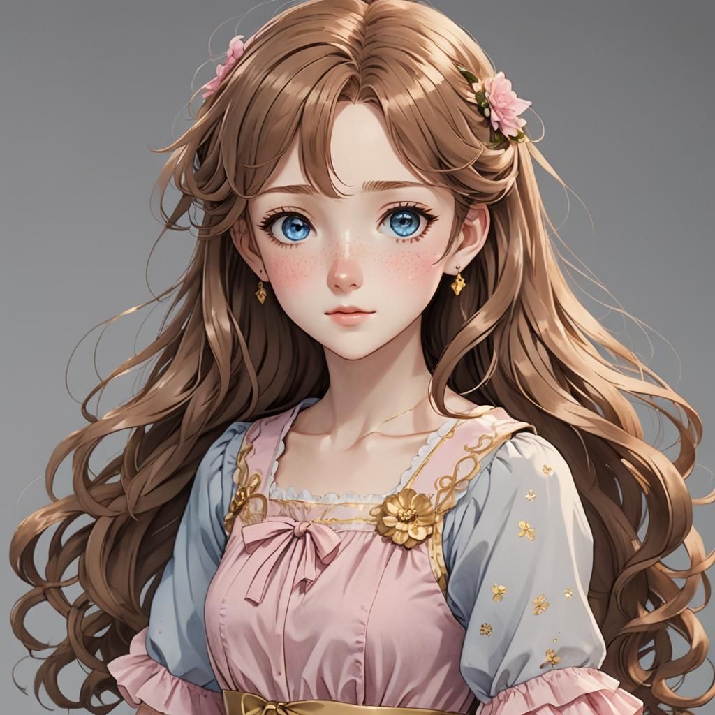 Anime Girl with Freckles in Pink and Gold Dress