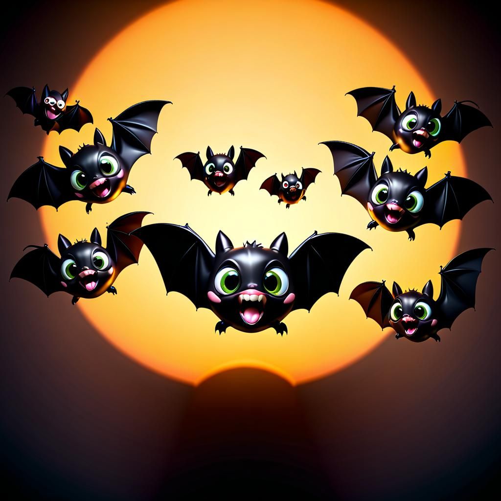 Cute Upside-Down Bats with Big Eyes in Cartoon Style