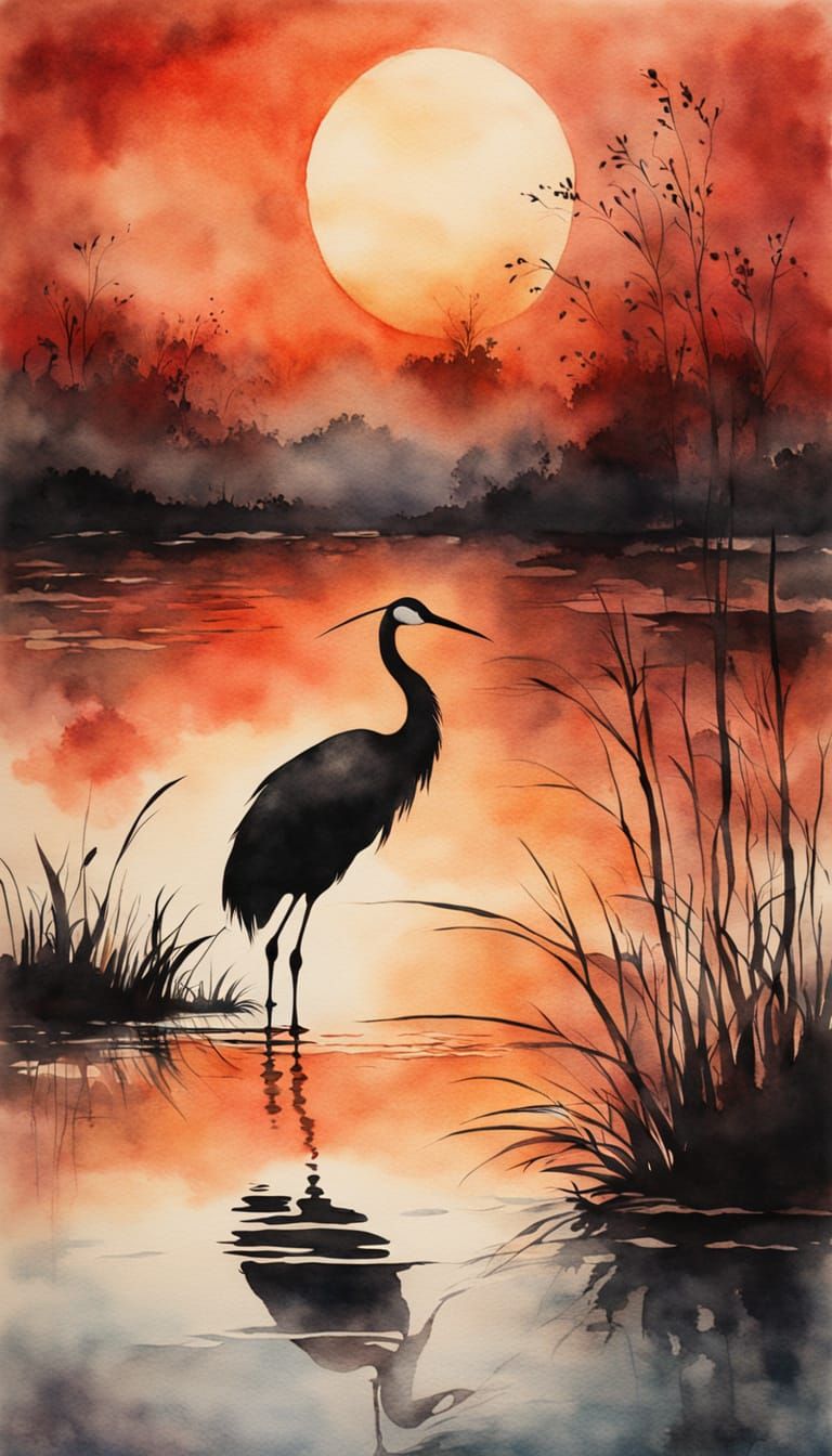 Surreal Sunset Crane Silhouette in Watercolor on Parchment