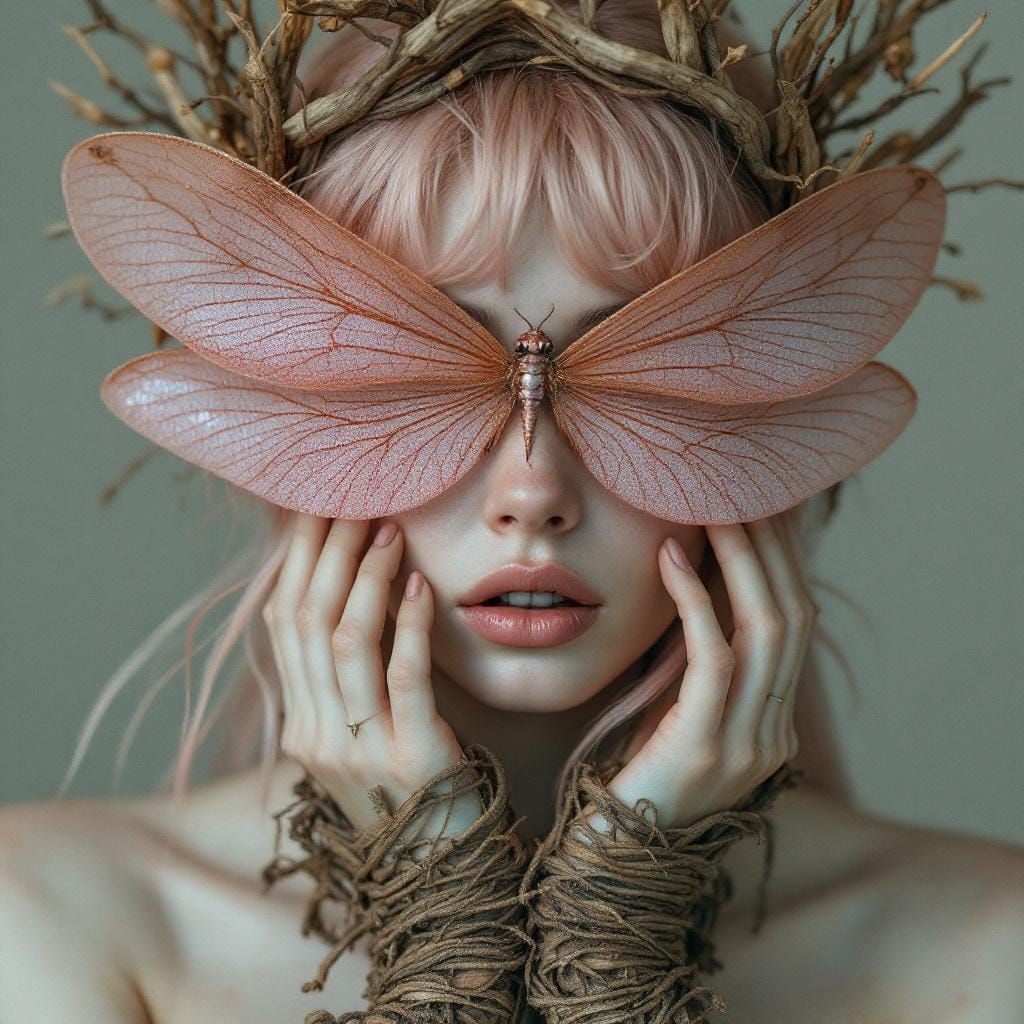 Dreamlike Portrait with Dragonfly Wings in Surreal Style