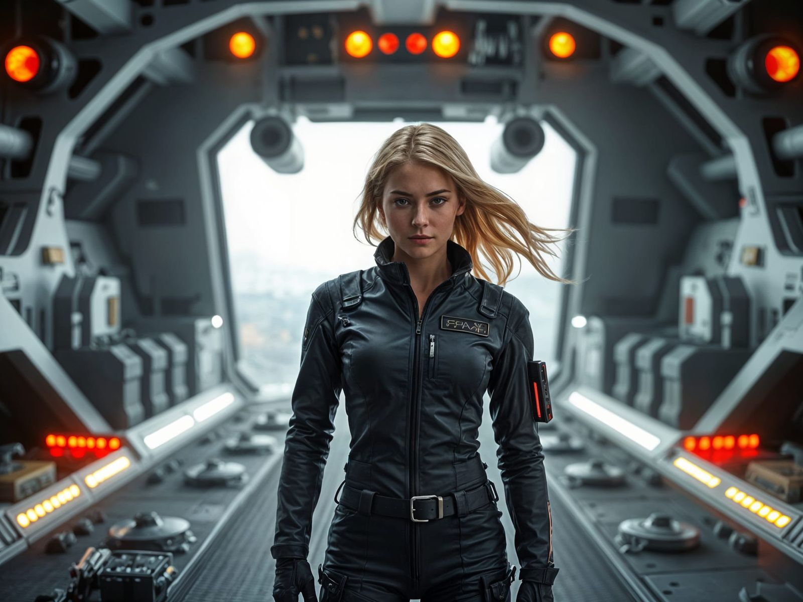 Dramatic Space Pilot in Hangar: Sci-Fi Art