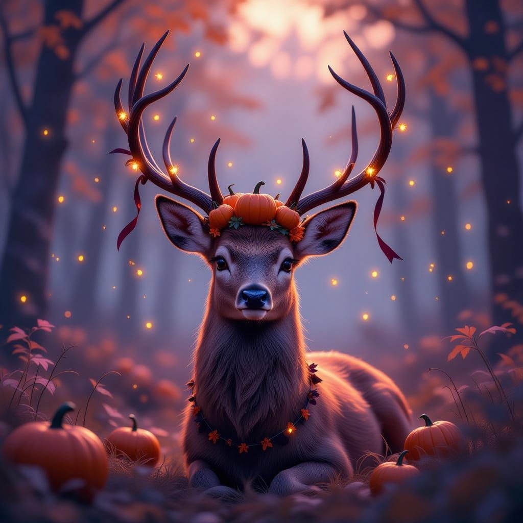 Deer with Pumpkin Crown in Misty Autumn Forest