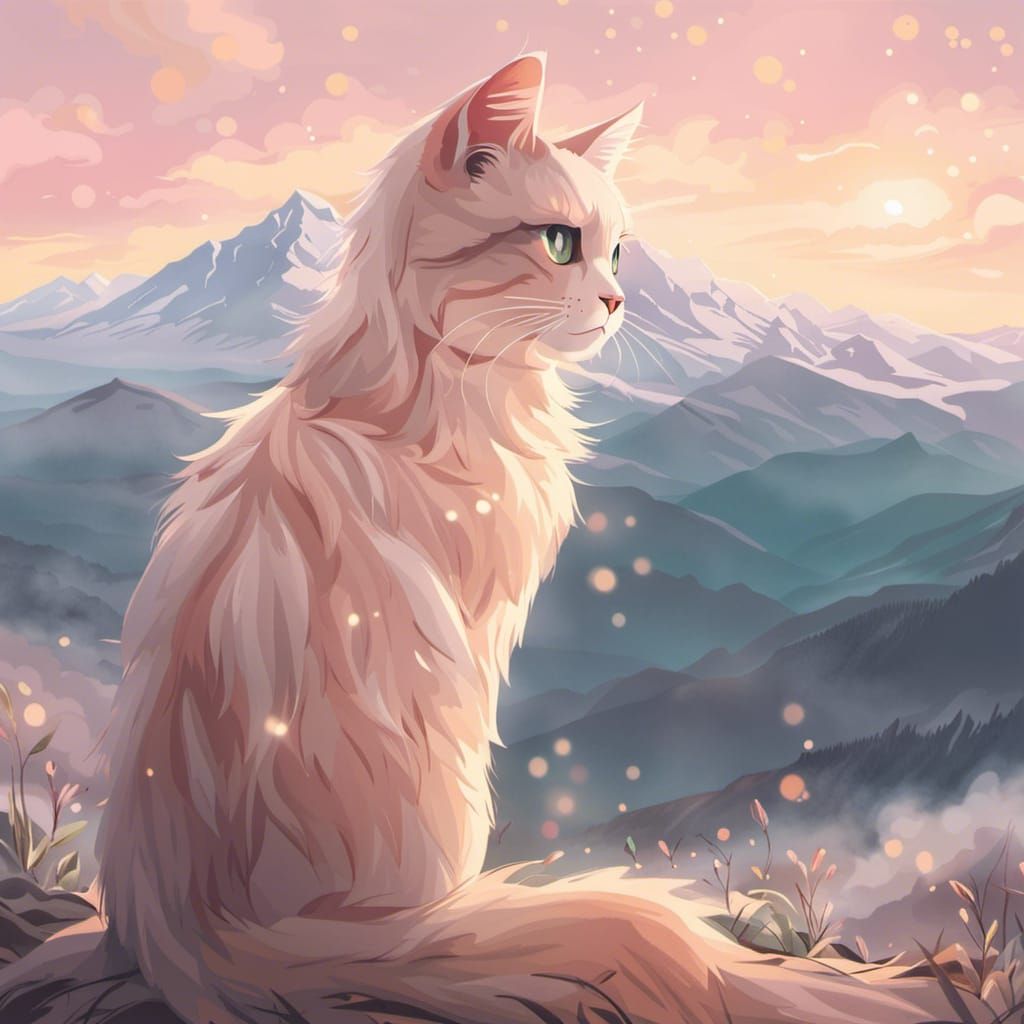 Anime Cat Gazing at Misty Colorado Mountains