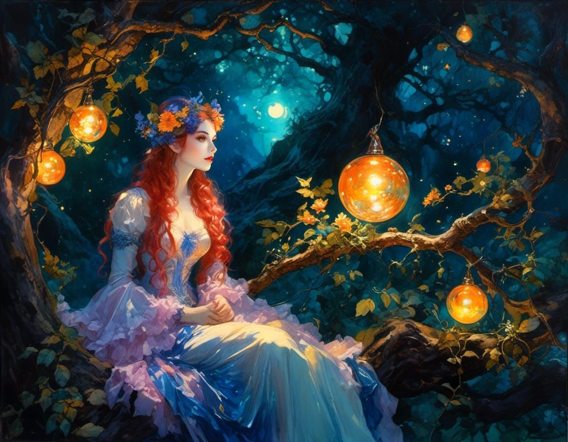 Elven Woman in Bioluminescent Forest, Watercolor Style