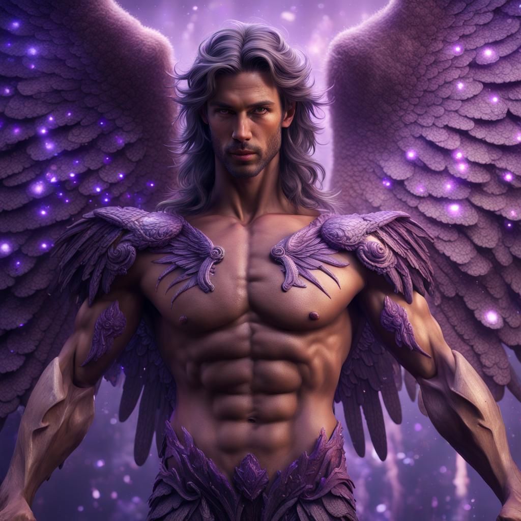 Hyperrealistic Angel with Purple Magic Sparkles