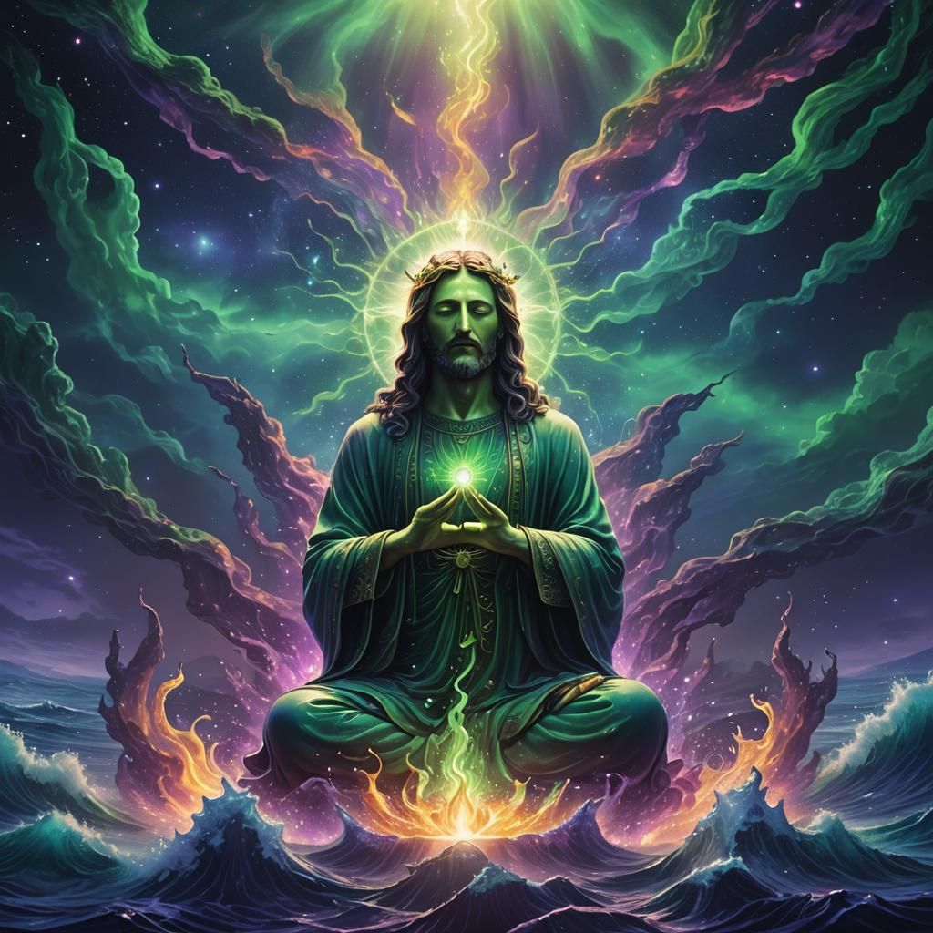 Cosmic Christ Meditating in Psychedelic Ocean Fire