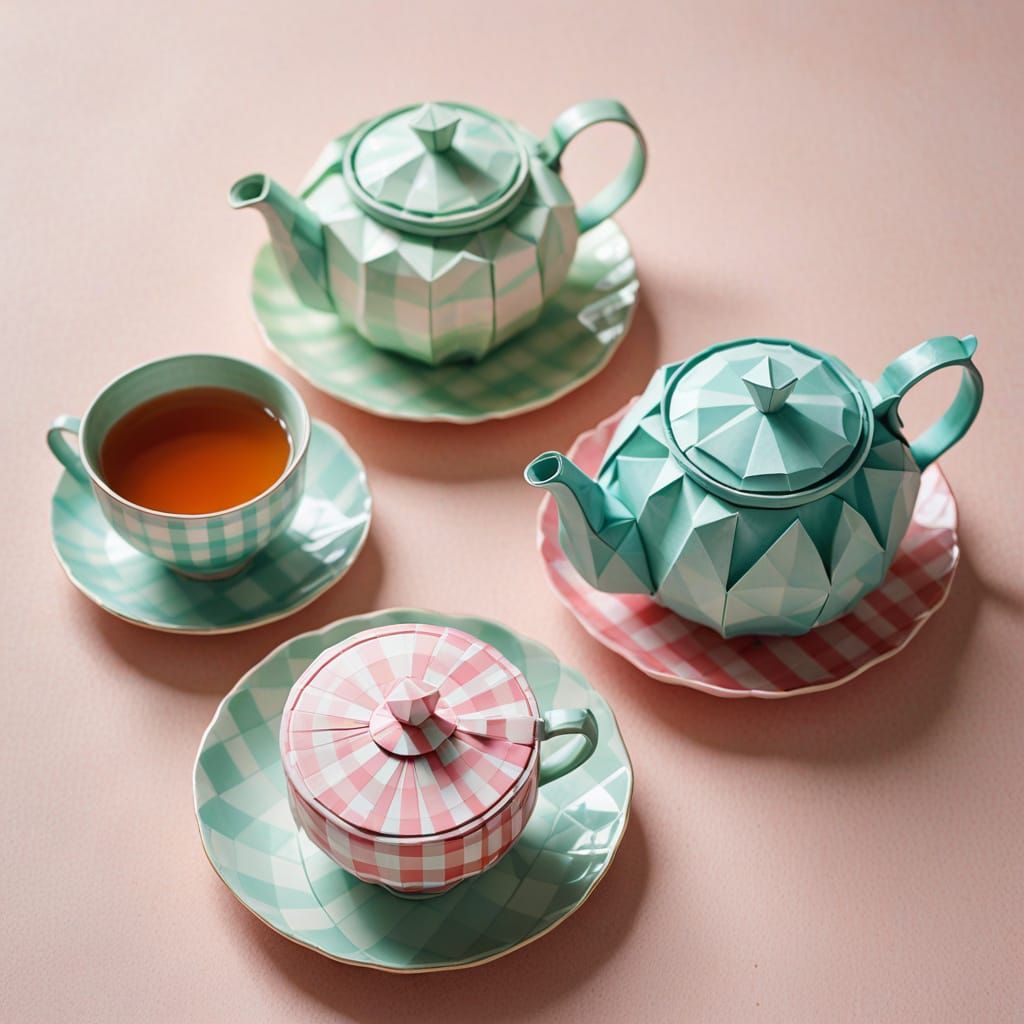 Delicate Gingham Origami Teapot Still Life in Soft Pastel Co...