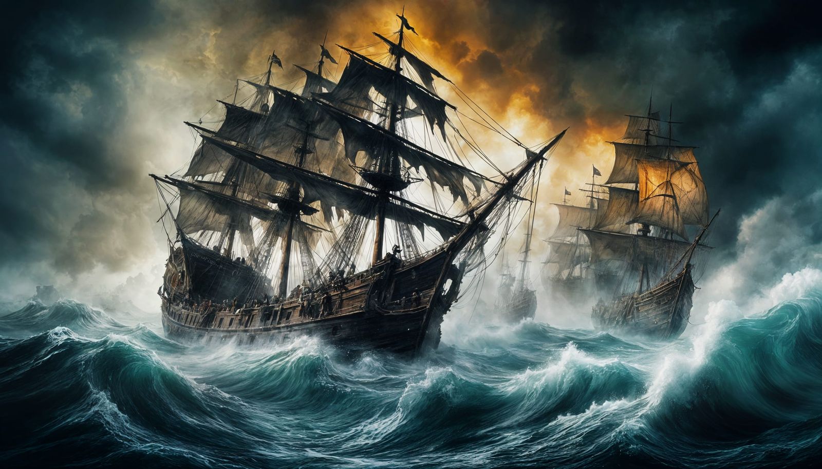 Surreal Stormy Seascape with Pirate Galleon