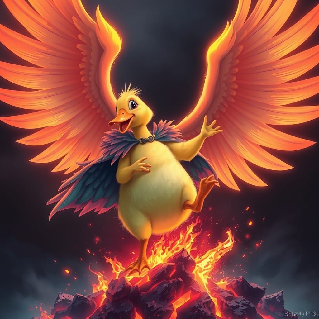 Duckling Reborn as Phoenix in Surreal Style