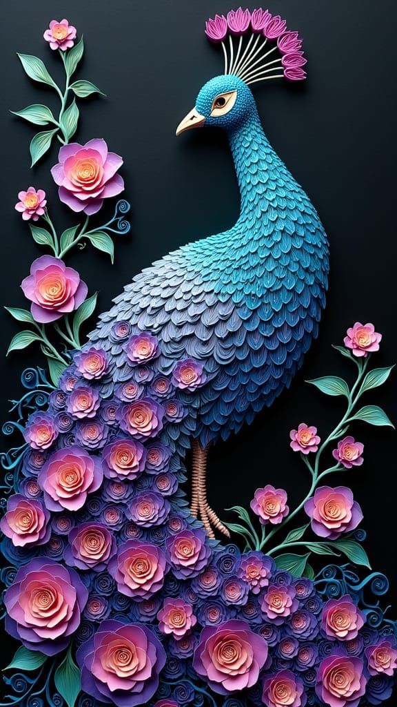 Vibrant Paper Quilled Peacock in Dark Setting