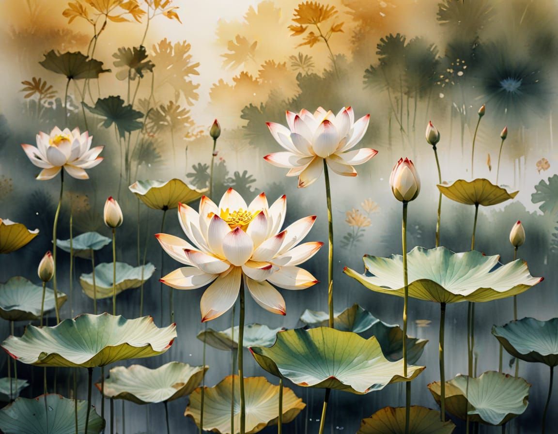 Golden Lotus in Sumi-e Style Watercolor