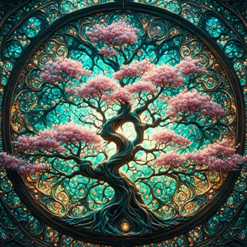 Cherry Blossoms in Stained Glass Fractal Mandalas