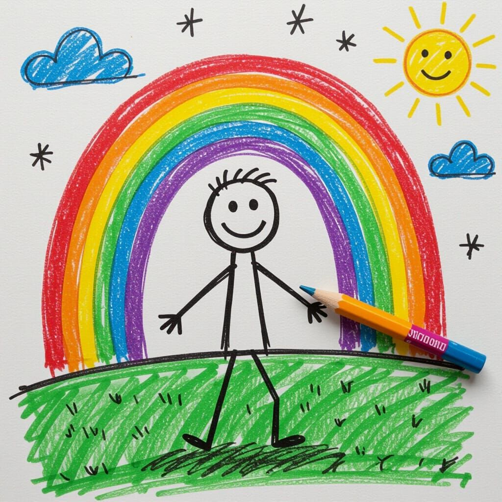 Magical Stickman Draws Rainbow in Primitive Style