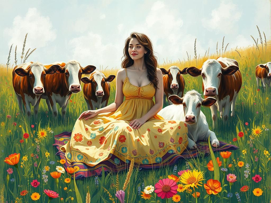 Picnic with Cows in Whimsical Meadow